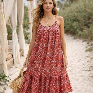 XiRENA Midi Dress Red Floral Printed Tiered 100% Cotton size M Bohemian Resort
